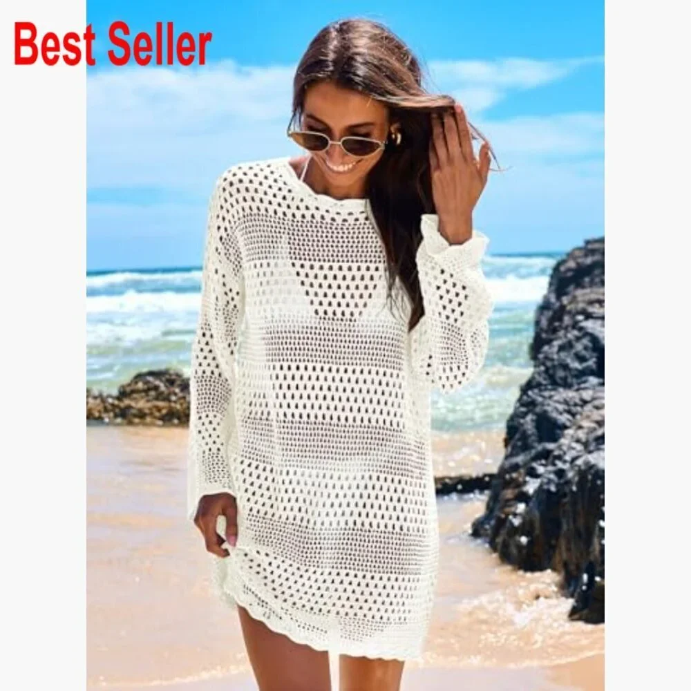 Crochet Mesh Knit Beach Cover Up Dress Long Sleeve